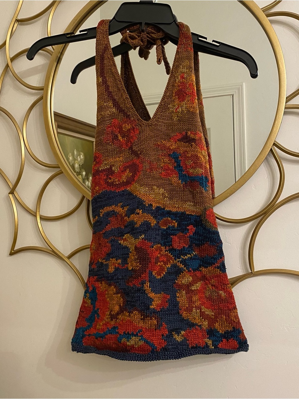 Vintage Peruvian Connection Heavy Knit Halter Top Women’s S Floral Tapestry-like